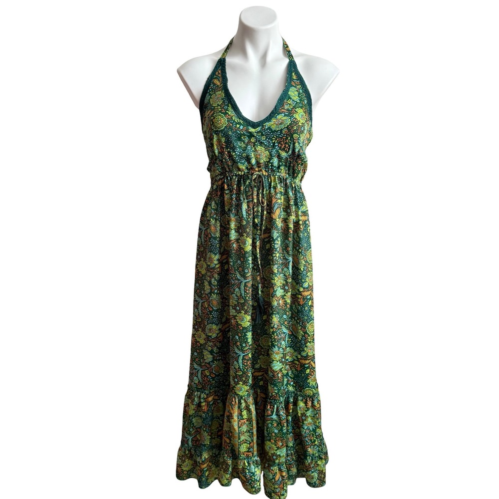 NAOO Green Floral Paisley Halter Festival Maxi Lace Dress Boho Tiered Ruffle M